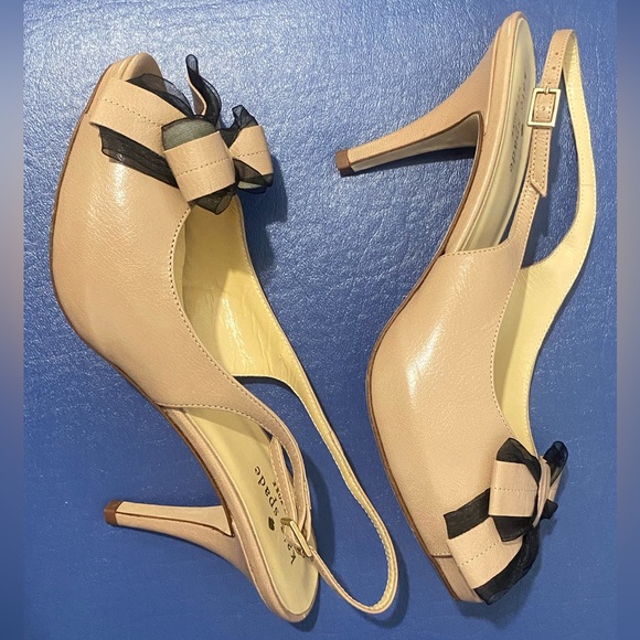 New Kate Spade New York Billow bow sling back beige heeled peep toe sandals - Picture 10 of 14